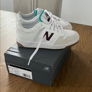 New Balance White Sneakers with Maroon N and Teal Tongue Accent